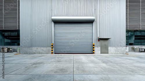 Industrial or commercial building exterior. Use as factory, warehouse, store and workplace. Safety and protection with roller door, roller shutter or overhead door. Concrete pavement floor outside.