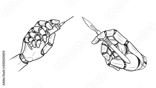 Advanced Robotic Hands Holding Medical Syringe and Surgical Scalpel, Illustrating Future Healthcare Technology and Precision Automation in Medicine