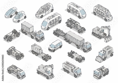 Collection of various industrial vehicles.