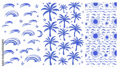 Tropical summer pattern with palm trees rainbows and sun symbols in blue vector illustration