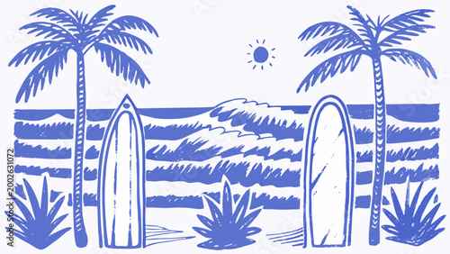 Flat vector illustration of surfboards on beach with palm trees and sunny ocean waves symbolizing carefree summer lifestyle and adventure