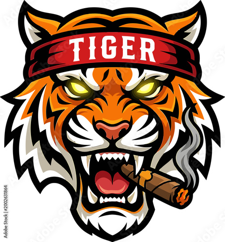 Fierce Tiger Mascot Head with Bandana and Cigar, Representing Strength and Aggression