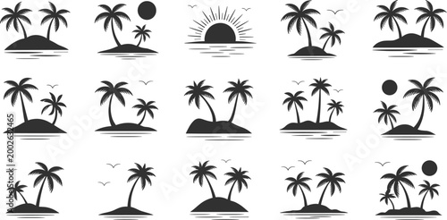 Tropical island silhouettes with palm trees and sun black and white minimalist vector set on a white background high quality professional detailed modern
