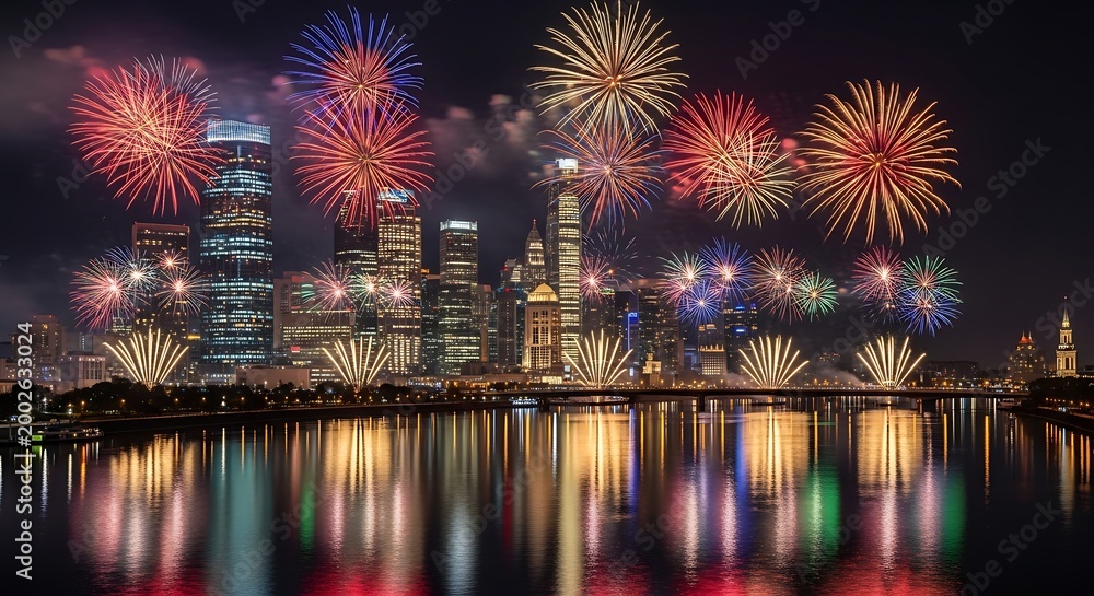 Obraz premium Fireworks over city skyline at night.