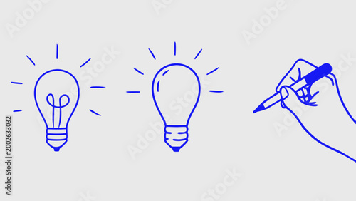 Flat illustration of hand drawing light bulbs with radiant lines symbolizing ideas and creativity in a minimalist style