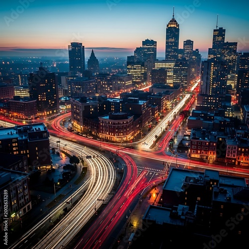 Stunning aerial view of Indianapolis downtown skyline at twilight with long exposure traffic light trails.