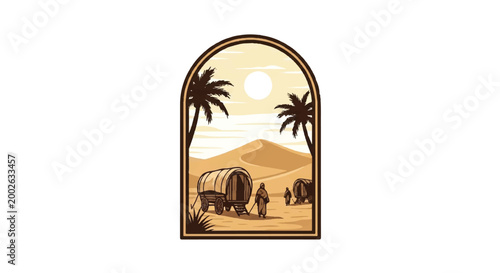 Desert landscape illustration with palm trees and wagons