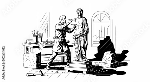 Billede på lærred Male artist sculpting a classical female stone statue in a workshop illustration