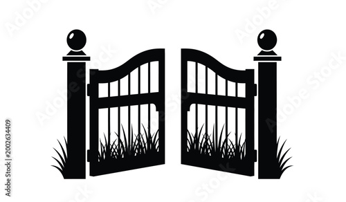 black silhouette of ornate wrought iron gates with decorative finials and grass isolated on white high quality professional detailed modern elegant stylish clean crisp