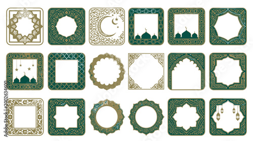 A collection of intricately decorated Islamic frames and borders in teal and gold hues are showcased.