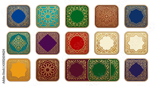 A collection of intricate Islamic ornamental frames and borders with traditional patterns and cultural designs.