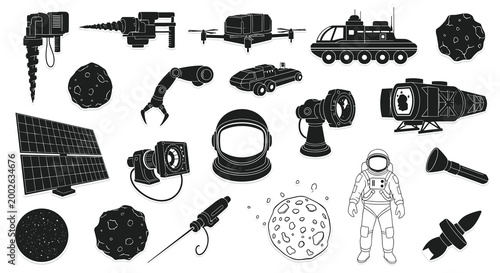 Space exploration and lunar mission stickers collection featuring astronauts and advanced equipment for galactic travel.