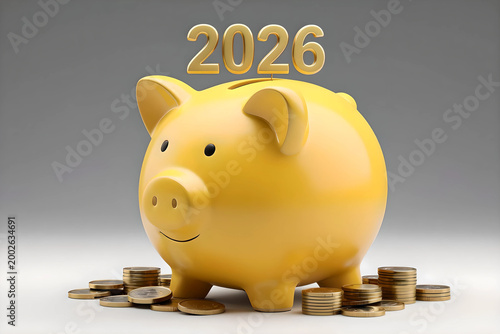 Yellow piggy bank with stacked coins and number 2026, symbolizing saving money, financial investment, business growth, wealth building, budgeting goals, future economic planning for the year 2026.