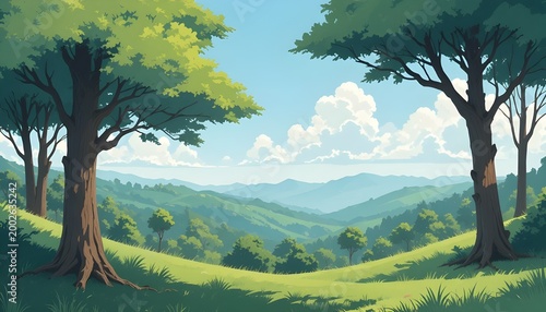 Illustration of Outdoor Hills with Trees Landscape Nature Scene Background