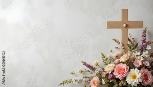 Christian Wooden Cross with Flowers on Muted White Funeral Background Template