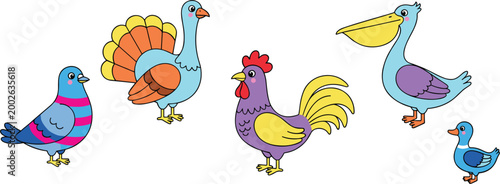 Colorful cartoon bird set with turkey rooster pelican and pigeon