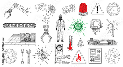 Industrial safety and robotic manufacturing failure icons showing broken machinery, hazard warnings, fire alerts, and automated system errors.