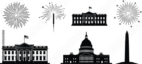 American patriotic landmarks and fireworks vector illustration, white house, capitol building.
