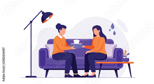 Empathetic woman offering tissue box to crying friend on sofa in living room during emotional support session or counseling talk.