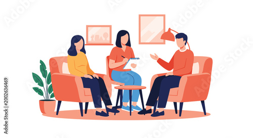 Professional relationship counselor or therapist taking notes during session with young couple sitting in comfortable armchairs.