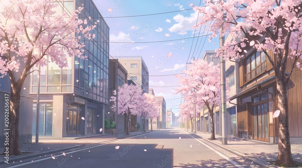 Fototapeta premium Cherry Blossoms on City Street Scene.