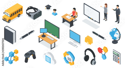 Modern education and digital classroom technology collection featuring virtual reality, smart boards, online learning tools, and school equipment.