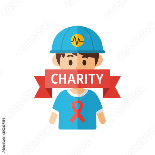 Cartoon person wearing blue charity tshirt.