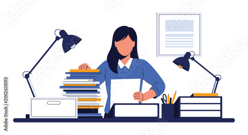 Busy office employee works diligently at a desk overwhelmed with high stacks of paperwork and document folders.