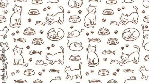 Playful pattern of cats and fish doodles on a cozy fabric design.