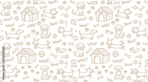 Playful Dog and House Pattern Illustration with Paw Print Doodles and Repeat Design.