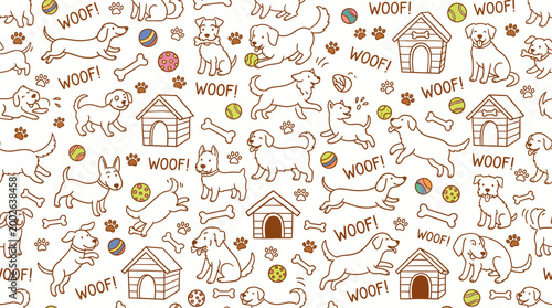 Playful dogs and doghouses pattern featuring bones, paws, and wagging tails in a cozy, illustrated scene.