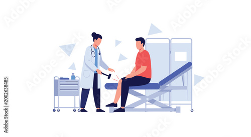 Medical doctor uses a reflex hammer to perform a neurological examination on a male patient sitting on a clinical table.