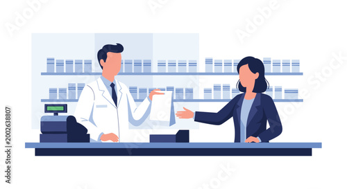Professional pharmacist assists a female customer by handing over prescribed medication at a drugstore pharmacy counter.
