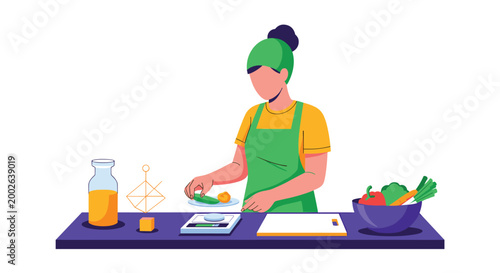 Woman wearing an apron and hairnet preparing healthy food in a kitchen with many fresh vegetables on the counter.
