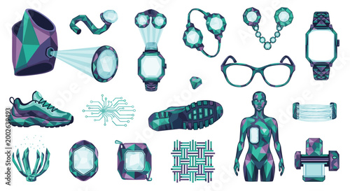 Wearable technology and futuristic fashion design elements featuring smart watches, integrated sensors, biometric clothing, and jewelry tech.