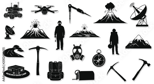 Volcanology and geological hazard research toolkit featuring robotic rovers, protective gear, excavation tools, and seismic monitoring equipment.