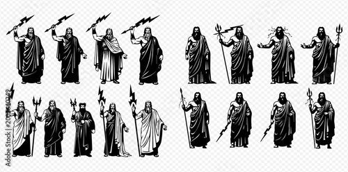 Photos Set of ancient Greek gods and mythological figures, black and white illustrations