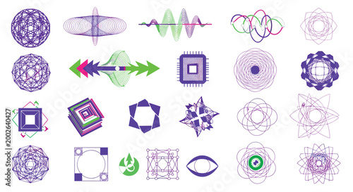 Abstract geometric data visualization and scientific modeling elements featuring complex spirographs, wave forms, and electronic circuit patterns.