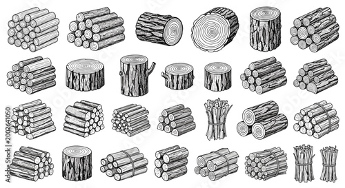 Comprehensive collection of hand-drawn sketches showing various arrangements of wood logs, tree stumps, and bundles of firewood.