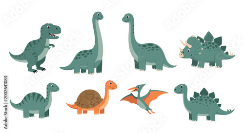 Collection of colorful cartoon dinosaur illustrations including Tyrannosaurus Rex, Brachiosaurus, Triceratops, and Pterodactyl on white background.