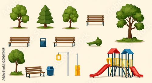 Collection of park elements including trees benches and playground equipment.