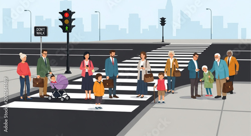 Diverse group of people crossing a city street at a crosswalk.