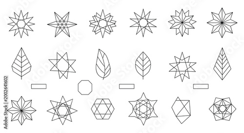 Set of geometric star patterns, stylized leaf shapes, and simple polygons in a modern minimalist outline style.
