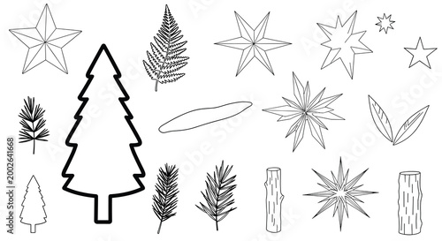 Collection of varied star shapes, pine trees, fern fronds, and wooden logs or branches in a line art style.