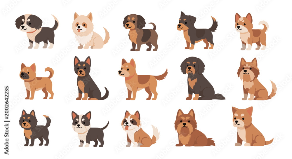 Fototapeta premium Set of diverse dog breed illustrations shows various small and medium sized canines in a simple and colorful flat design style.