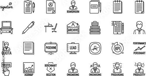 Black line icon set for social media digital marketing and influencer engagement featuring content creation and notification symbols