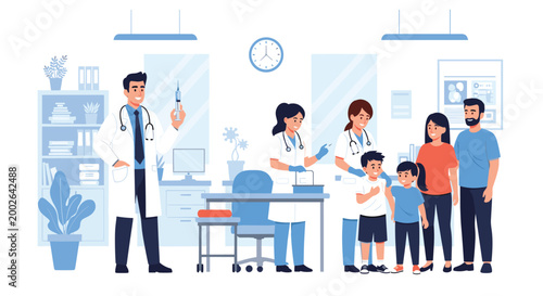 Professional medical staff in a clean clinic provide vaccinations and checkups for a family with young children and parents.
