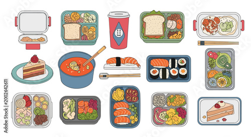 Selection of healthy bento boxes and lunch containers features a variety of meals including sushi salads sandwiches and snacks.