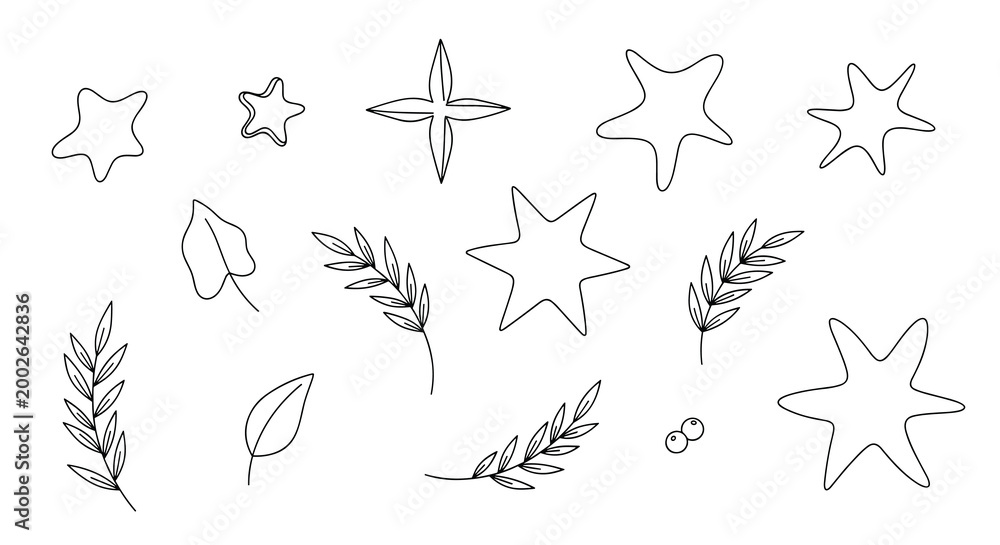 Fototapeta premium Coastal nature and botanical elements line art including starfish and leaf branches for summer graphic designs.