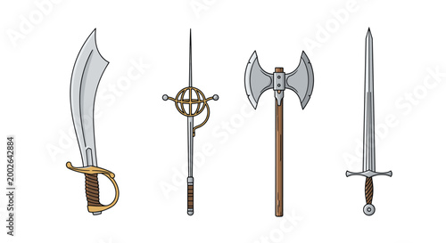 Set of four historical bladed weapons includes a curved scimitar a slender rapier a heavy battle axe and a sharp longsword.